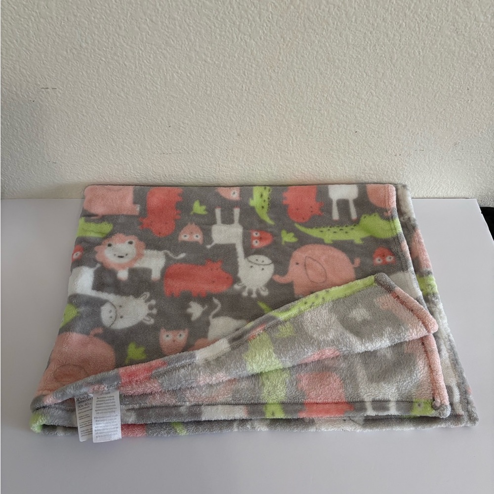 Baby Starters Gray Elephant Hippo Animals Fleece Blanket Pink Green White 30x40"